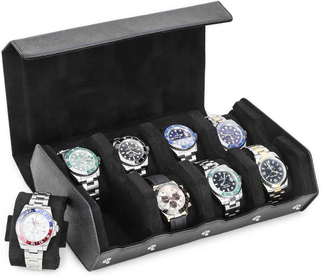with Removable Pillow Cushion for Treasured Watches and Bracelets-Black inflow anaerobic none syllable Hiram Genuine Leather Hexagon Watch Roll Travel Case, Leather 8-Watches Roll Case 