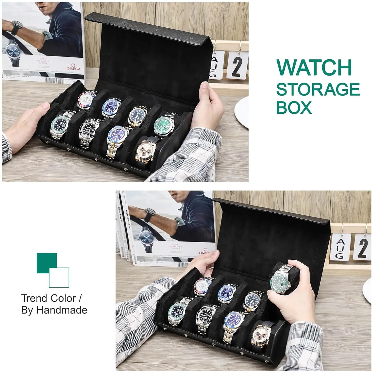 with Removable Pillow Cushion for Treasured Watches and Bracelets-Black inflow anaerobic none syllable Hiram Genuine Leather Hexagon Watch Roll Travel Case, Leather 8-Watches Roll Case 