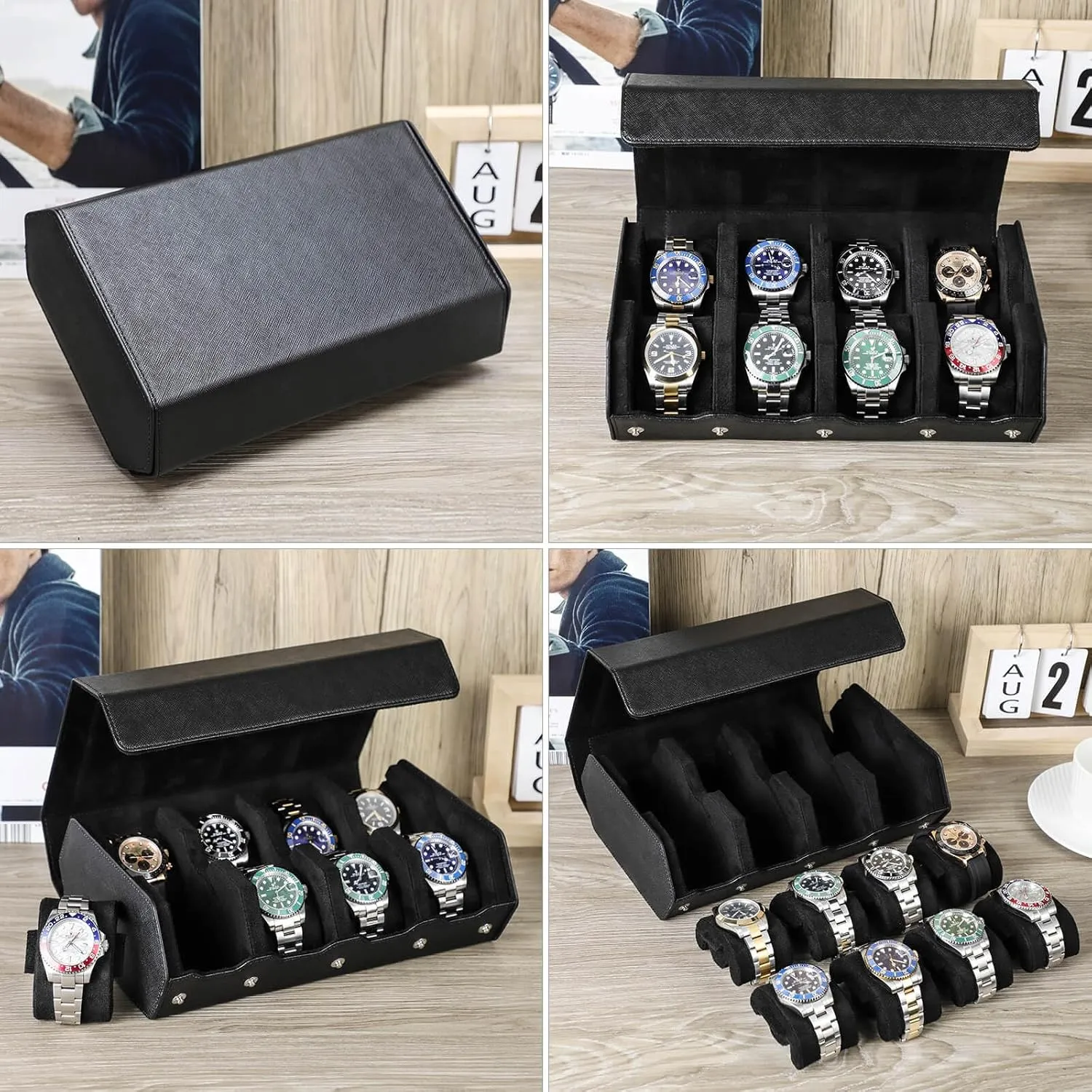 with Removable Pillow Cushion for Treasured Watches and Bracelets-Black inflow anaerobic none syllable Hiram Genuine Leather Hexagon Watch Roll Travel Case, Leather 8-Watches Roll Case 