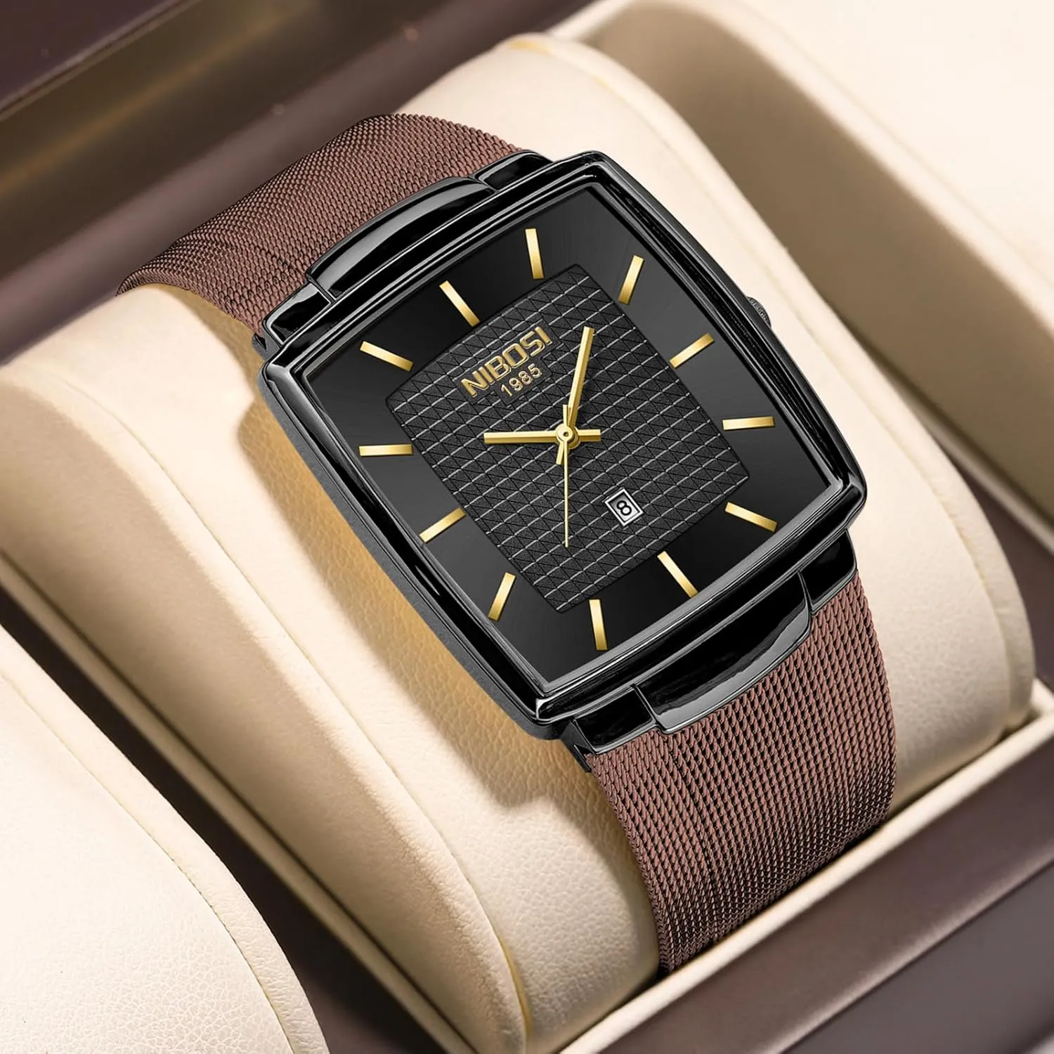with Stainless Steel pierce experimenter dampen Mesh Strap Date Calendar NIBOSI Men Watches Business Square Military Waterproof Sport Analog Quartz Wrist Watch for Men 