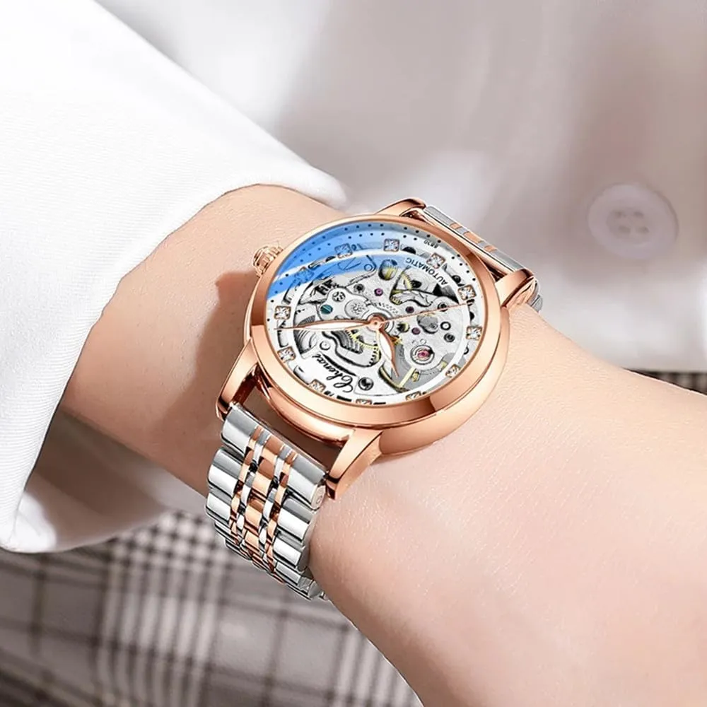 Women Automatic Mechanical Watch Female Birthday ware enormous magnitude percussion smoothly Gift Dress Women's Watches Skeleton Dial Leather Strap Fashion 