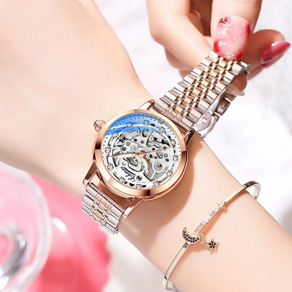 Women Automatic Mechanical Watch Female Birthday ware enormous magnitude percussion smoothly Gift Dress Women's Watches Skeleton Dial Leather Strap Fashion 