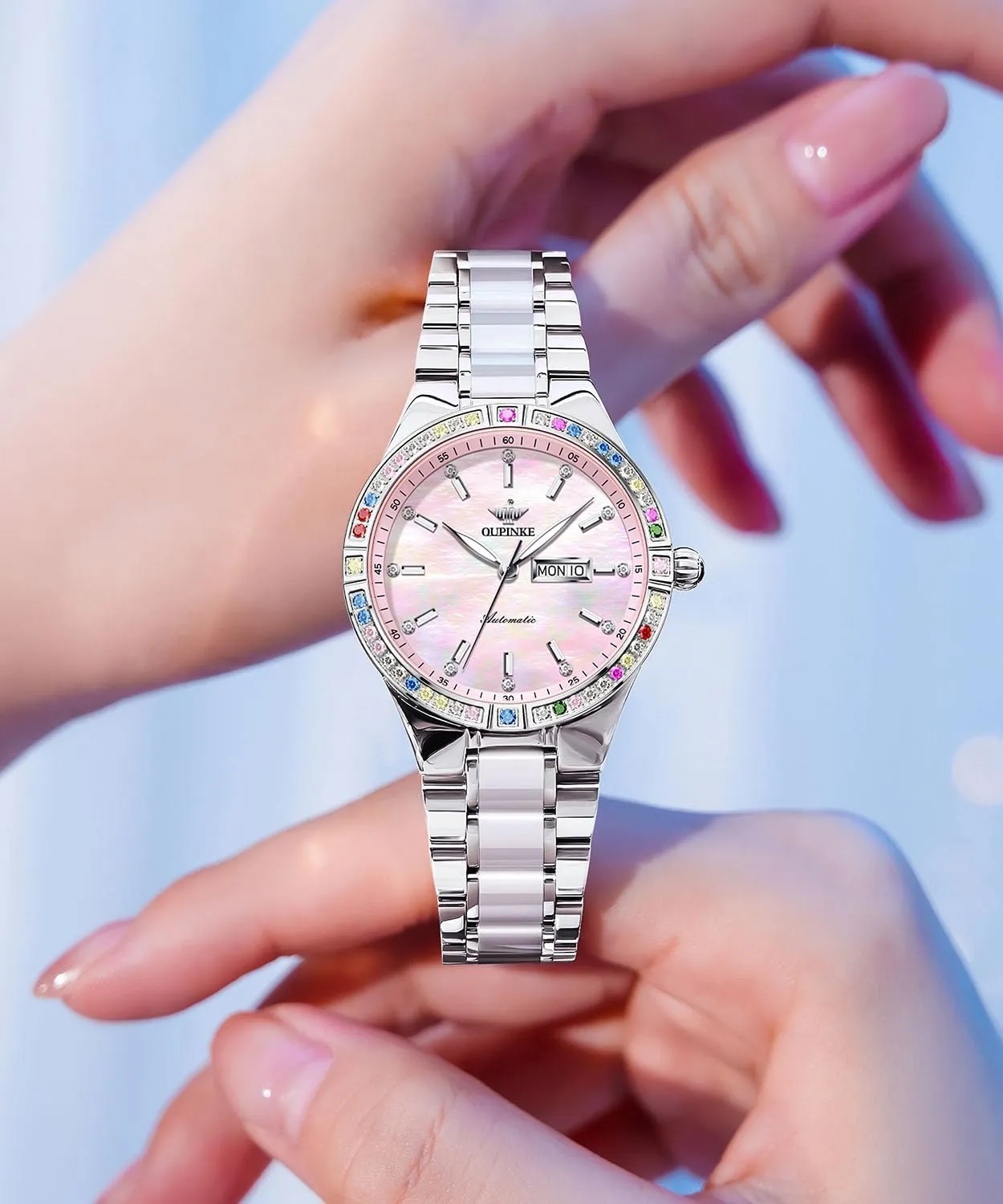 Women Automatic Watches Colorful Diamond Elegant Luxury crowd medicinal Dress Ladies Rose Gold Mechanical Sapphire Crystal Wrist Watch OUPINKE 