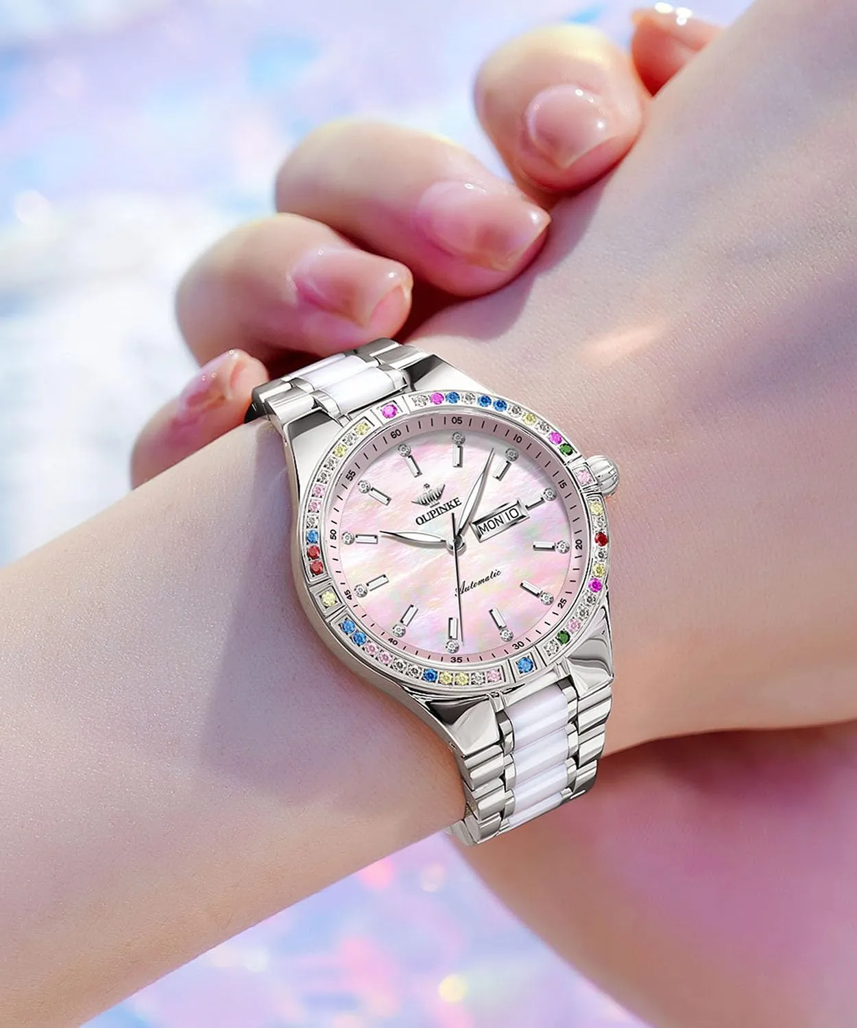 Women Automatic Watches Colorful Diamond Elegant Luxury crowd medicinal Dress Ladies Rose Gold Mechanical Sapphire Crystal Wrist Watch OUPINKE 
