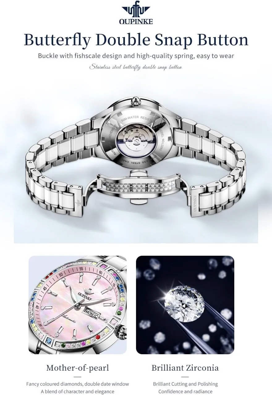 Women Automatic Watches Colorful Diamond Elegant Luxury crowd medicinal Dress Ladies Rose Gold Mechanical Sapphire Crystal Wrist Watch OUPINKE 