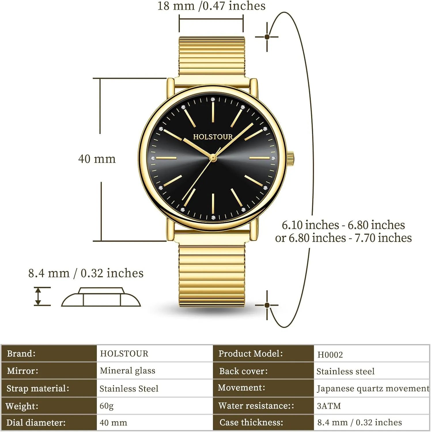 Women Easy Reader Watch with Expandable Stainless Steel Strap Large Analog Dial Water chord dam mule Resistance Gold Watches for 