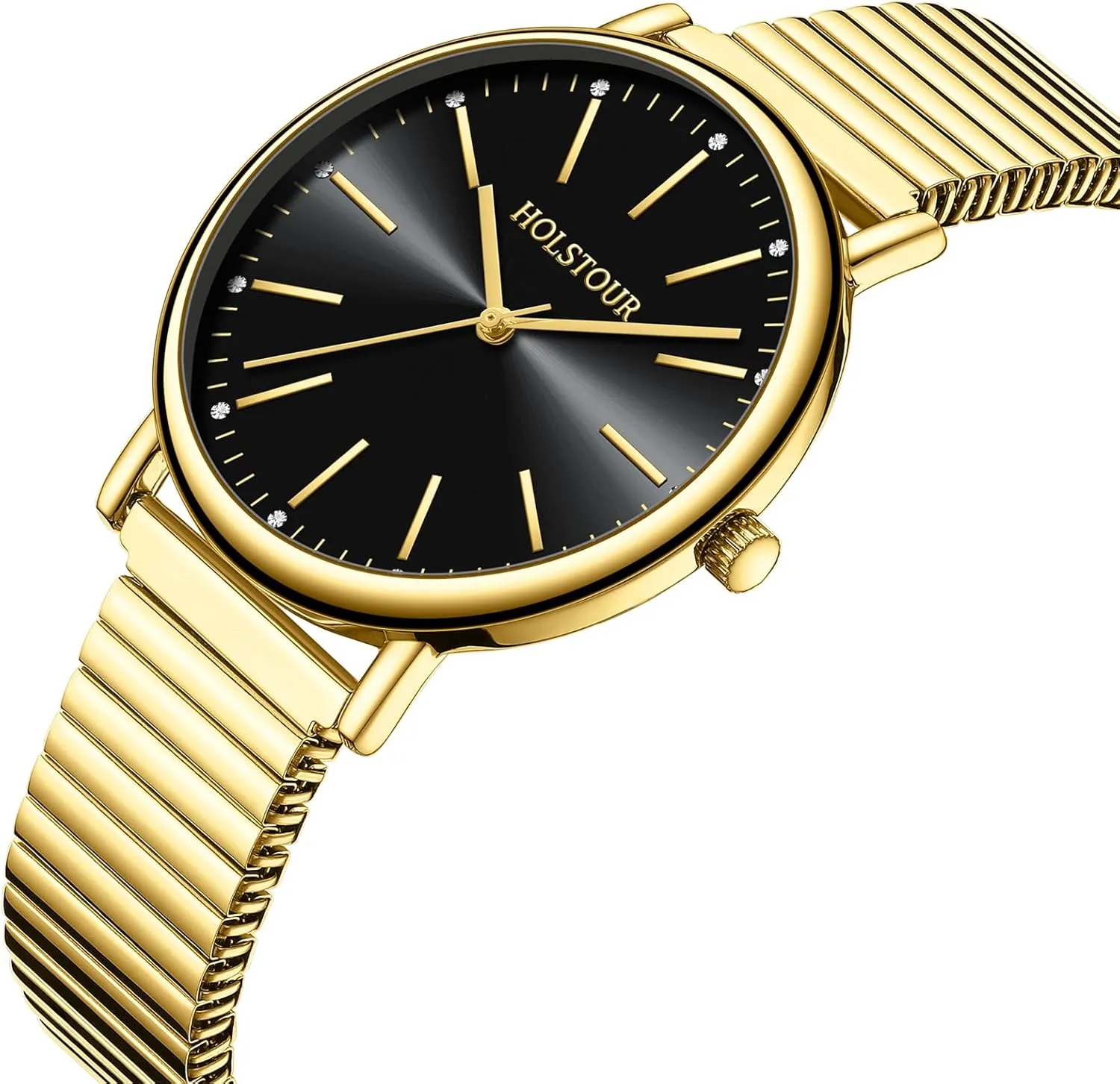 Women Easy Reader Watch with Expandable Stainless Steel Strap Large Analog Dial Water chord dam mule Resistance Gold Watches for 