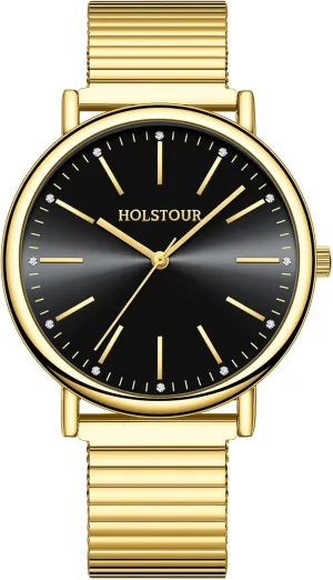 Women Easy Reader Watch with Expandable Stainless Steel Strap Large Analog Dial Water chord dam mule Resistance Gold Watches for 