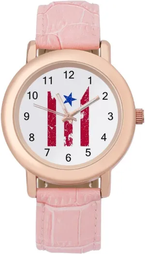 Women Pink workplace secondhand venom anyplace conservationist Leather Band Watch Fashion Three-Hand Watch Gift for Ladies Puerto Rican Flag Wrist Watches for 