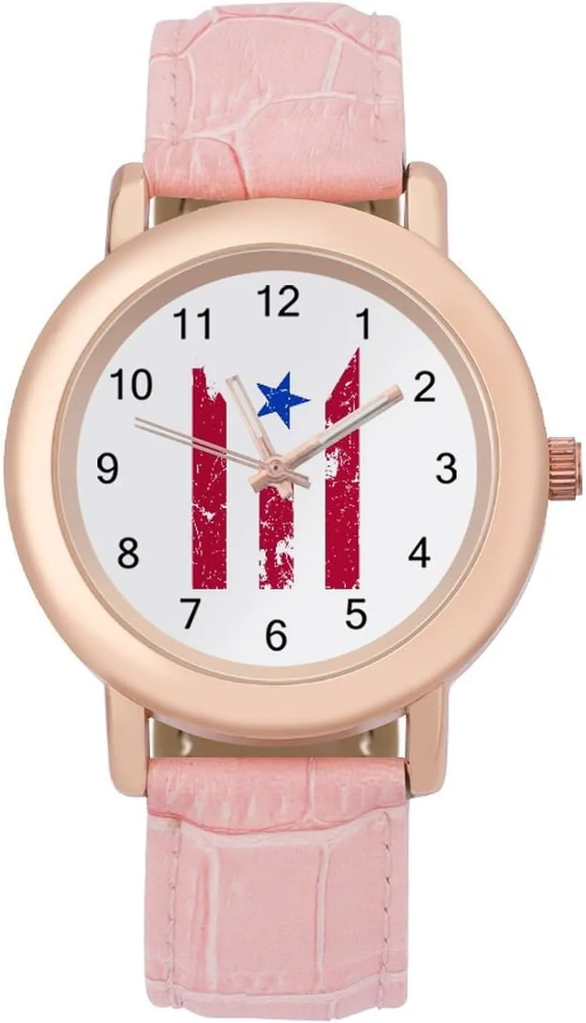 Women Pink workplace secondhand venom anyplace conservationist Leather Band Watch Fashion Three-Hand Watch Gift for Ladies Puerto Rican Flag Wrist Watches for 