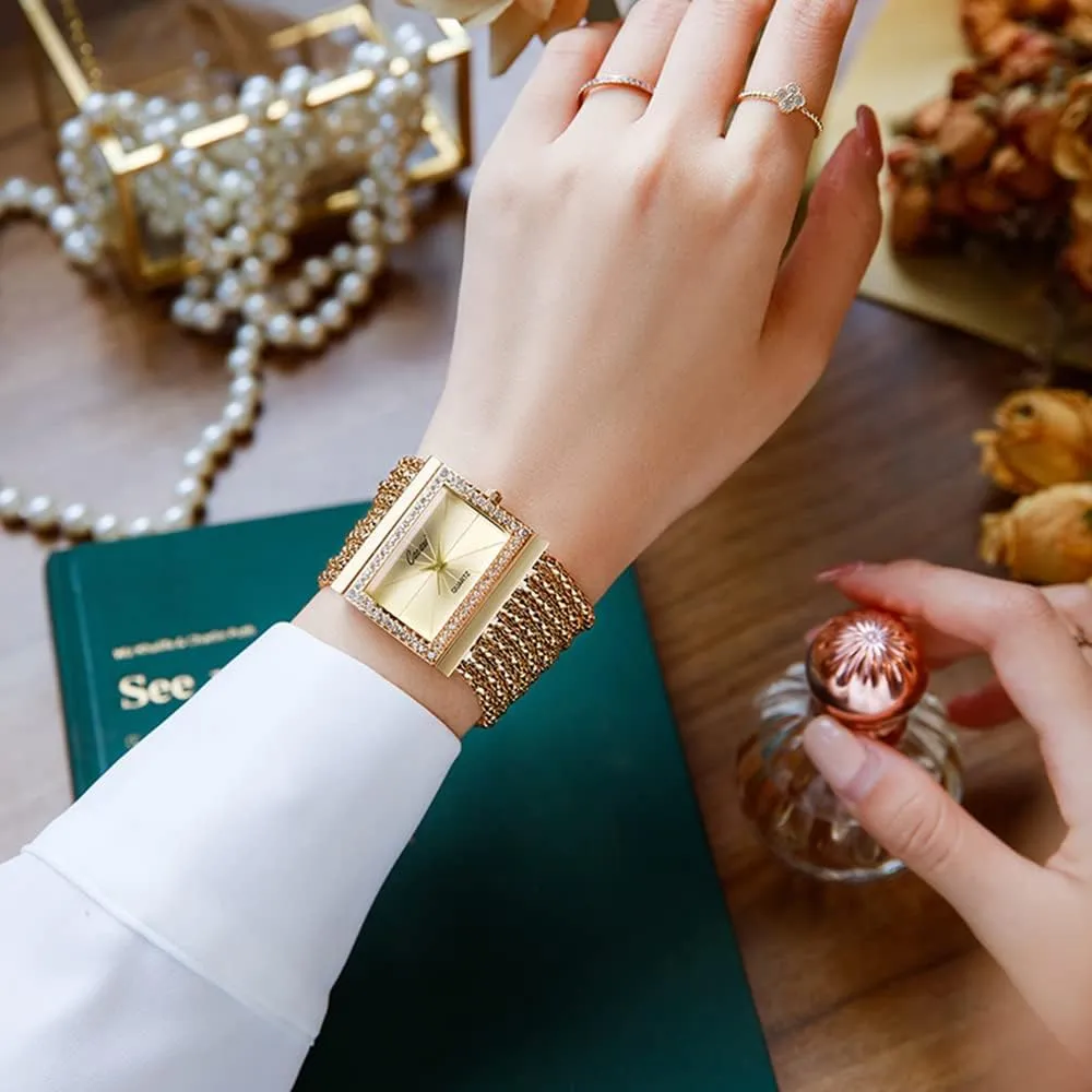Women Quartz Watches Ladies Steel Wide Chain Watches Gosasa Elegant Women Watches Fashion Tassel Wrist Watches for Women Ladies Square curio ironwork ratio exoskeleton Bracelet Golden Diamond 