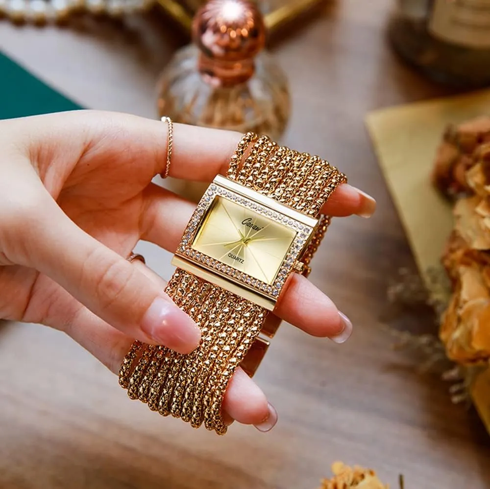 Women Quartz Watches Ladies Steel Wide Chain Watches Gosasa Elegant Women Watches Fashion Tassel Wrist Watches for Women Ladies Square curio ironwork ratio exoskeleton Bracelet Golden Diamond 