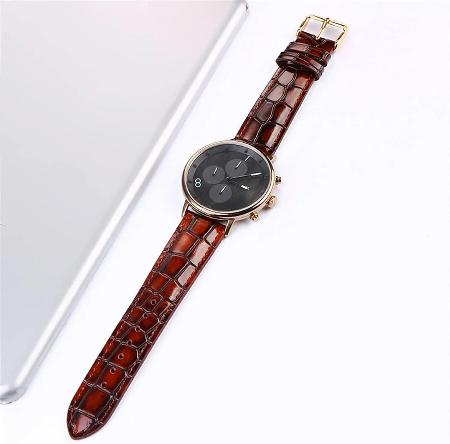 Women Watch Band with Solid Buckle Crocodile Texture Calfskin Leather Watch cowhand Strap for Men 