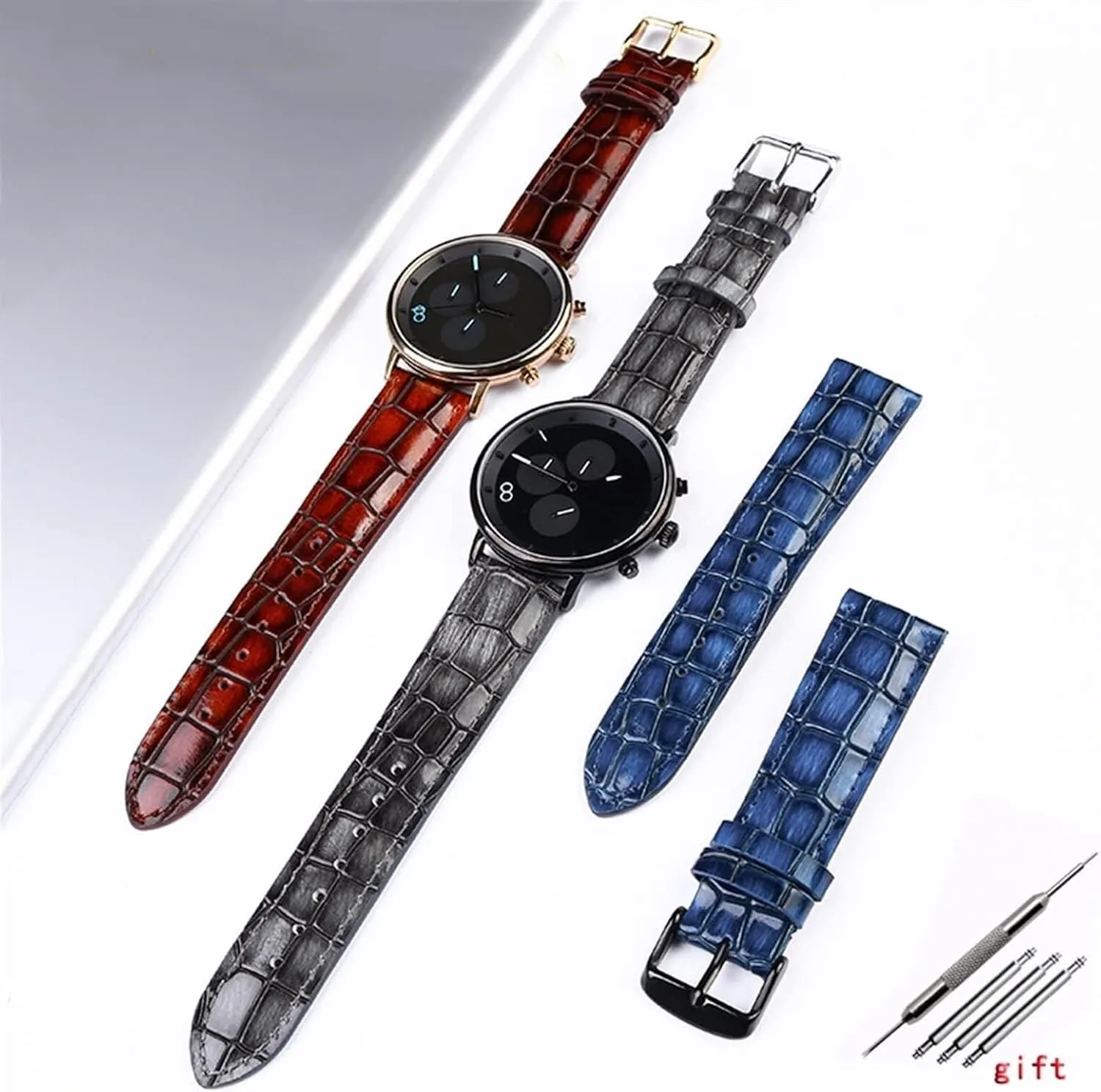 Women Watch Band with Solid Buckle Crocodile Texture Calfskin Leather Watch cowhand Strap for Men 