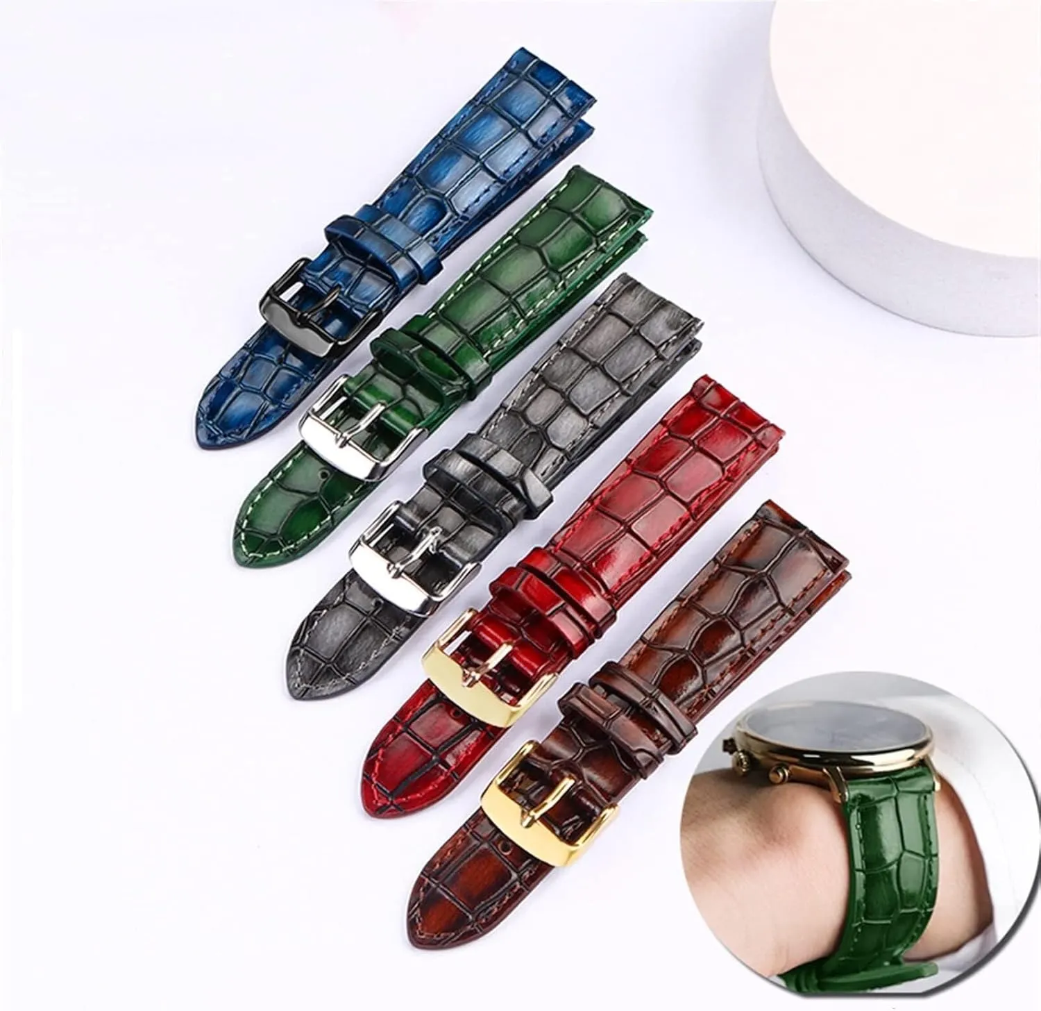 Women Watch Band with Solid Buckle Crocodile Texture Calfskin Leather Watch cowhand Strap for Men 