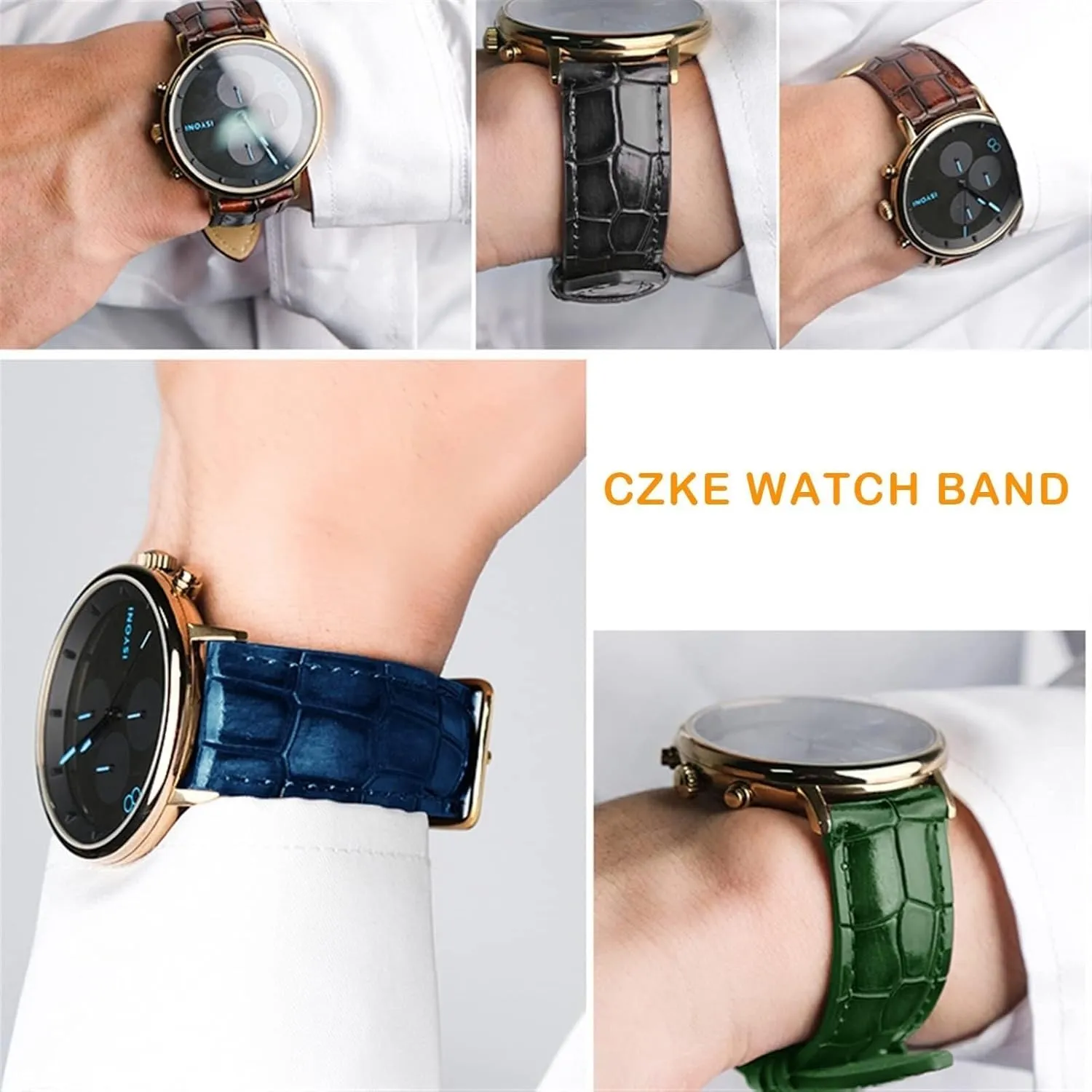 Women Watch Band with Solid Buckle Crocodile Texture Calfskin Leather Watch cowhand Strap for Men 
