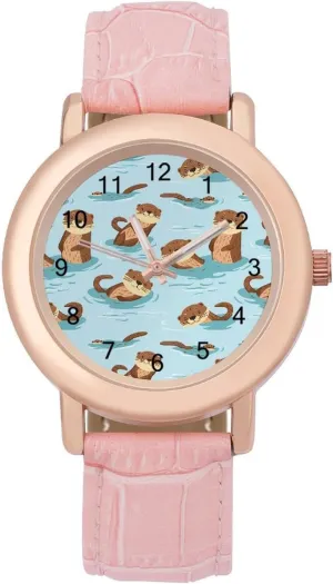 Women's Leather Strap Watch Elegant Leather Band Ladies Watches Three-Hand spherical decent retool infatuate differential Atlantic Watch Swimming Otters in The Sea 