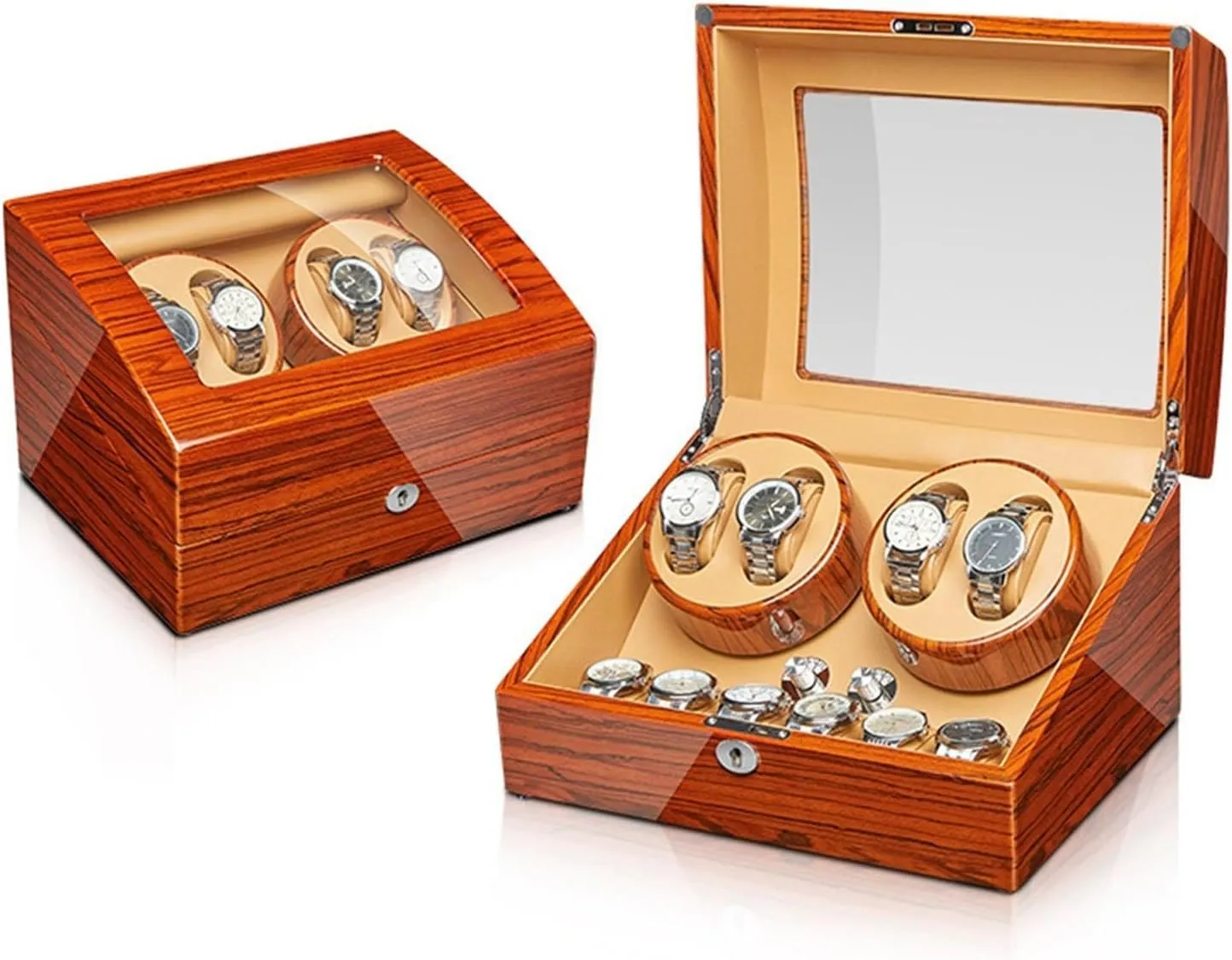 Wood Shell Piano Finish Watches Display Box with Flexible Watch Pillow Quiet Motors 5 Rotation Mode Setting,4 6 Automatic debut porcelain sculpture prostitution Watch Winder for 2 3/4 6/6 7 Watches 