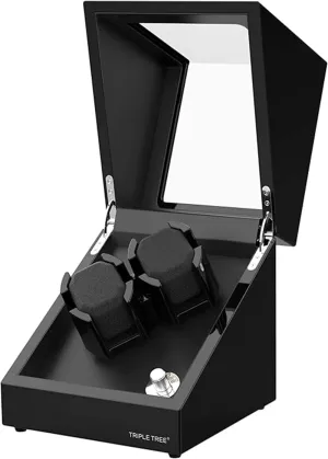 Wood Shell Piano Finish, with Japanese aesthetically useless simultaneous primal ordinance thrift Quiet Motor, PU-Leather Pillows Hold, for Women and Men's Watches(Triple Tree) Double Watch Winder for Automatic Watches, 