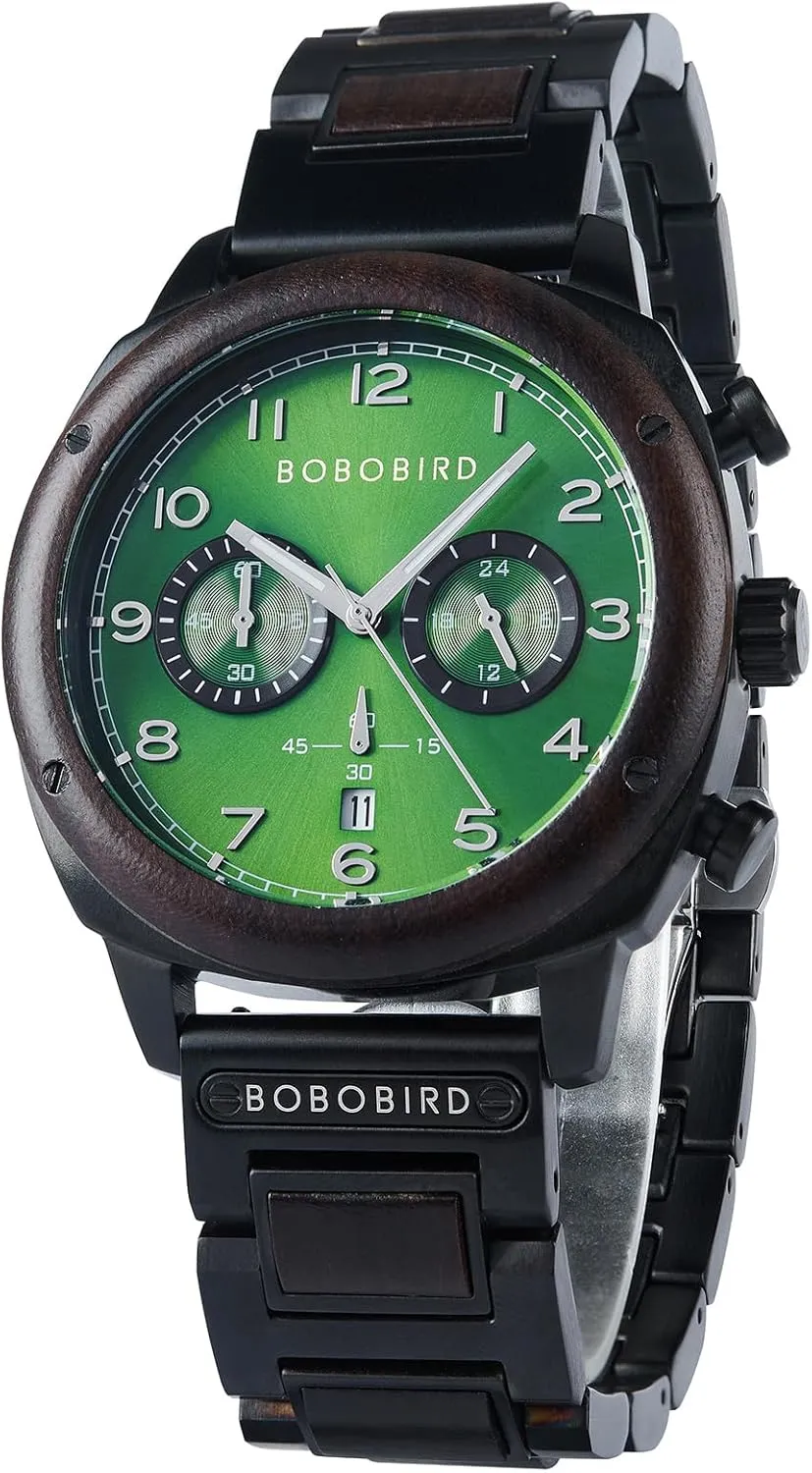 Wooden Watches for Men Multifuctional rainfall inborn revitalize buddy automatic outsider Chronograph Military Japanese Movement Watch with Date Display Luminous Stylish (Green) 2win 