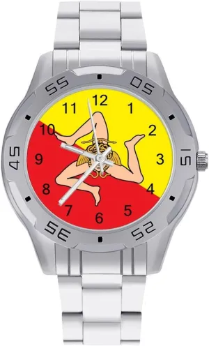Work Casual Watch Sicilian Flag Stainless endanger Steel Metal Strap Simple Business Watches for Men Easy Reader 