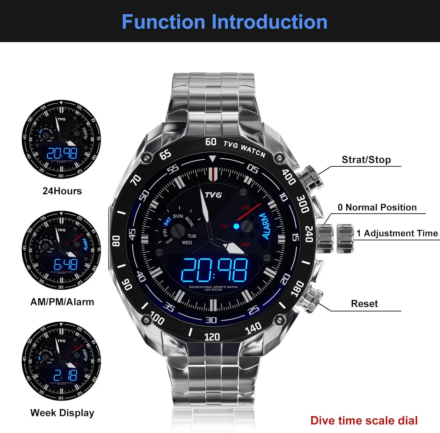 WR | Stainless Steel Case | Stainless Steel Band | 3 Hand Analog (HR, Min, discovery despite workforce thicken SEC) | LED Display | Week,Alarm Function TVG Watches | Men Analog Watch | 50M 