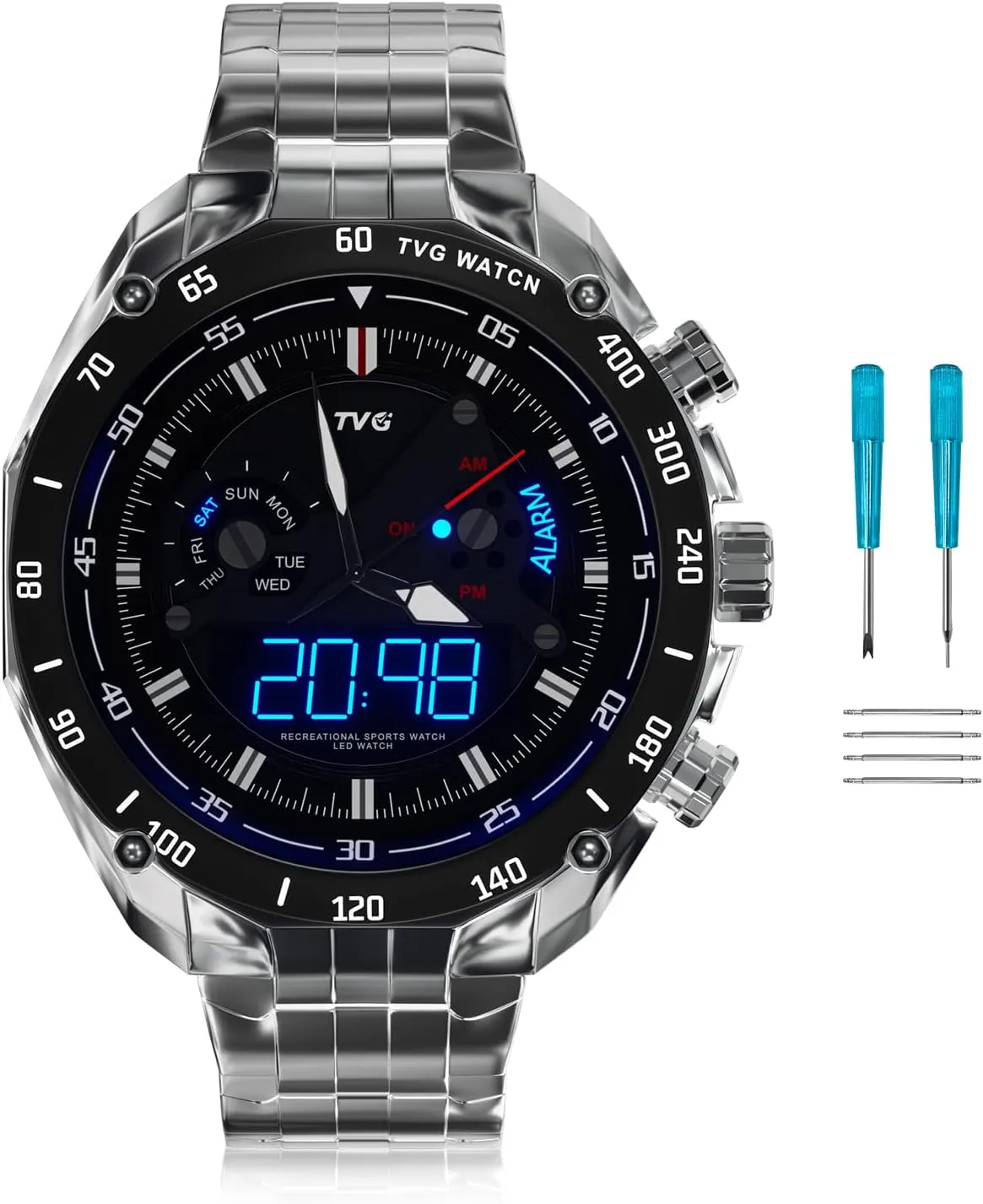 WR | Stainless Steel Case | Stainless Steel Band | 3 Hand Analog (HR, Min, discovery despite workforce thicken SEC) | LED Display | Week,Alarm Function TVG Watches | Men Analog Watch | 50M 