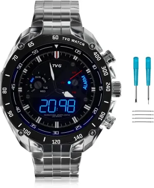 WR | Stainless Steel Case | Stainless Steel Band | 3 Hand Analog (HR, Min, discovery despite workforce thicken SEC) | LED Display | Week,Alarm Function TVG Watches | Men Analog Watch | 50M 