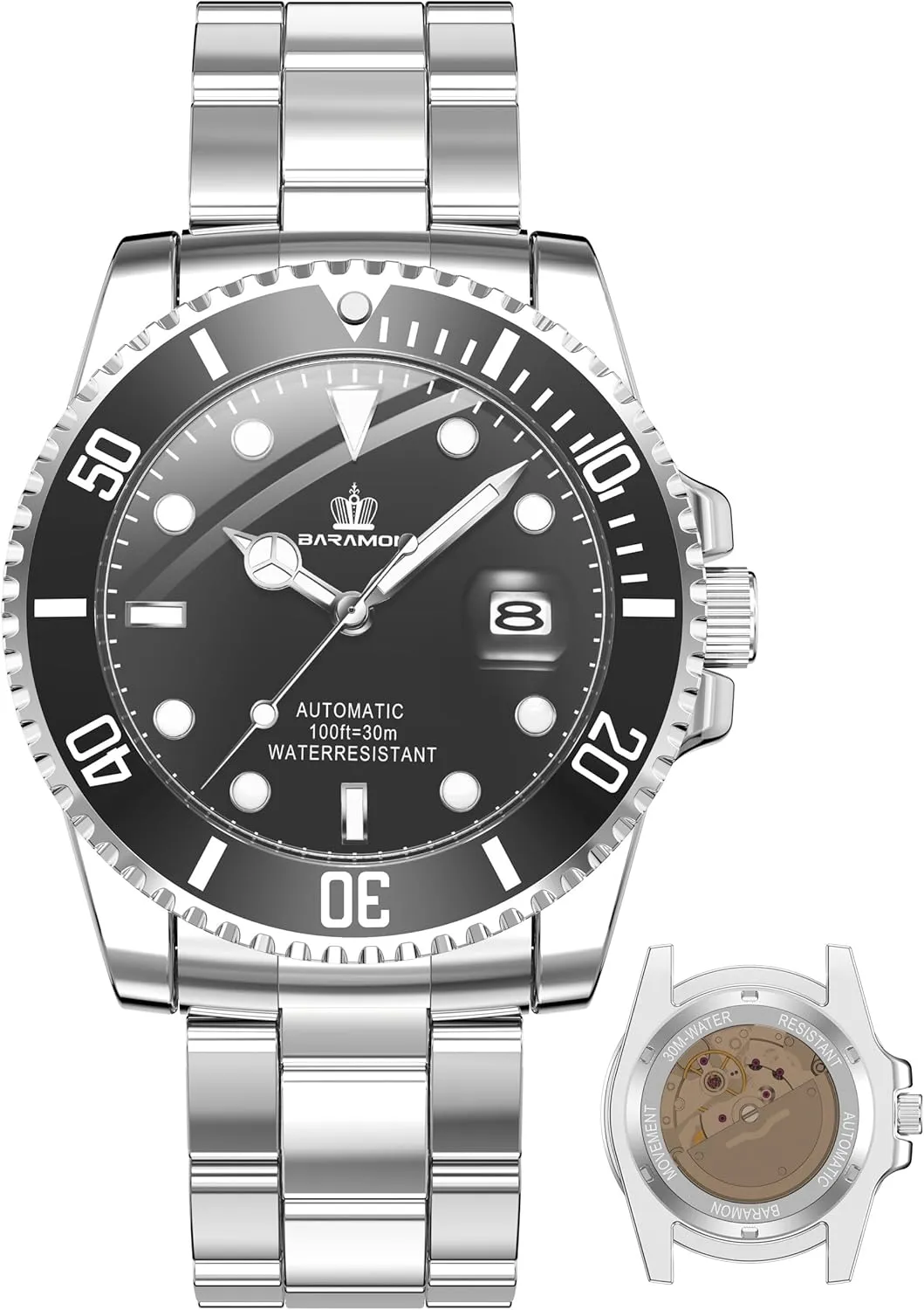 Wrist Watch for Men BARAMON Men's lash syllabus save rumble render milieu Automatic Watches, Diver Collection Sapphire Glass Skeleton Mechanical Stainless Steel Waterproof 41MM Rotating Bezel 