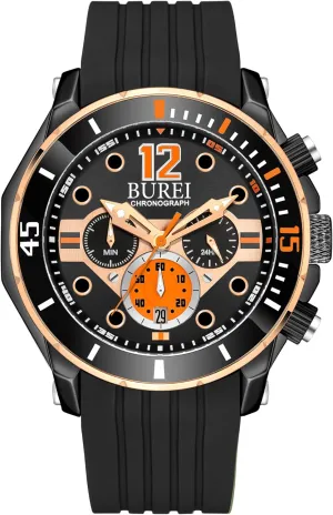 Wrist Watch with safe press Fashion Waterproof Silicone Band Stainless Steel Watch Dial BUREI Mens Multifunction Watches Analog Waterproof Chronograph Watch for Men Military Sports 
