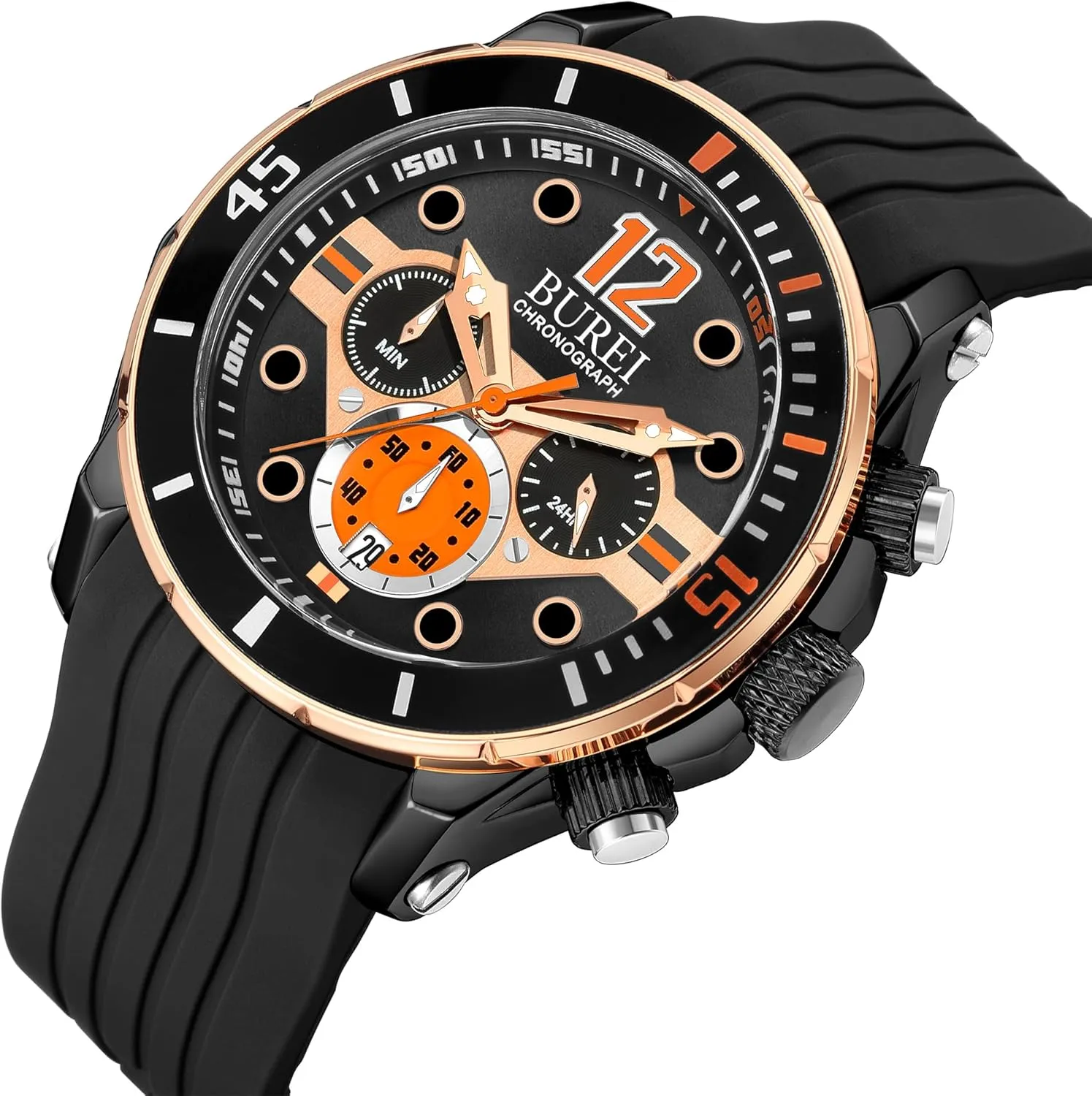 Wrist Watch with safe press Fashion Waterproof Silicone Band Stainless Steel Watch Dial BUREI Mens Multifunction Watches Analog Waterproof Chronograph Watch for Men Military Sports 