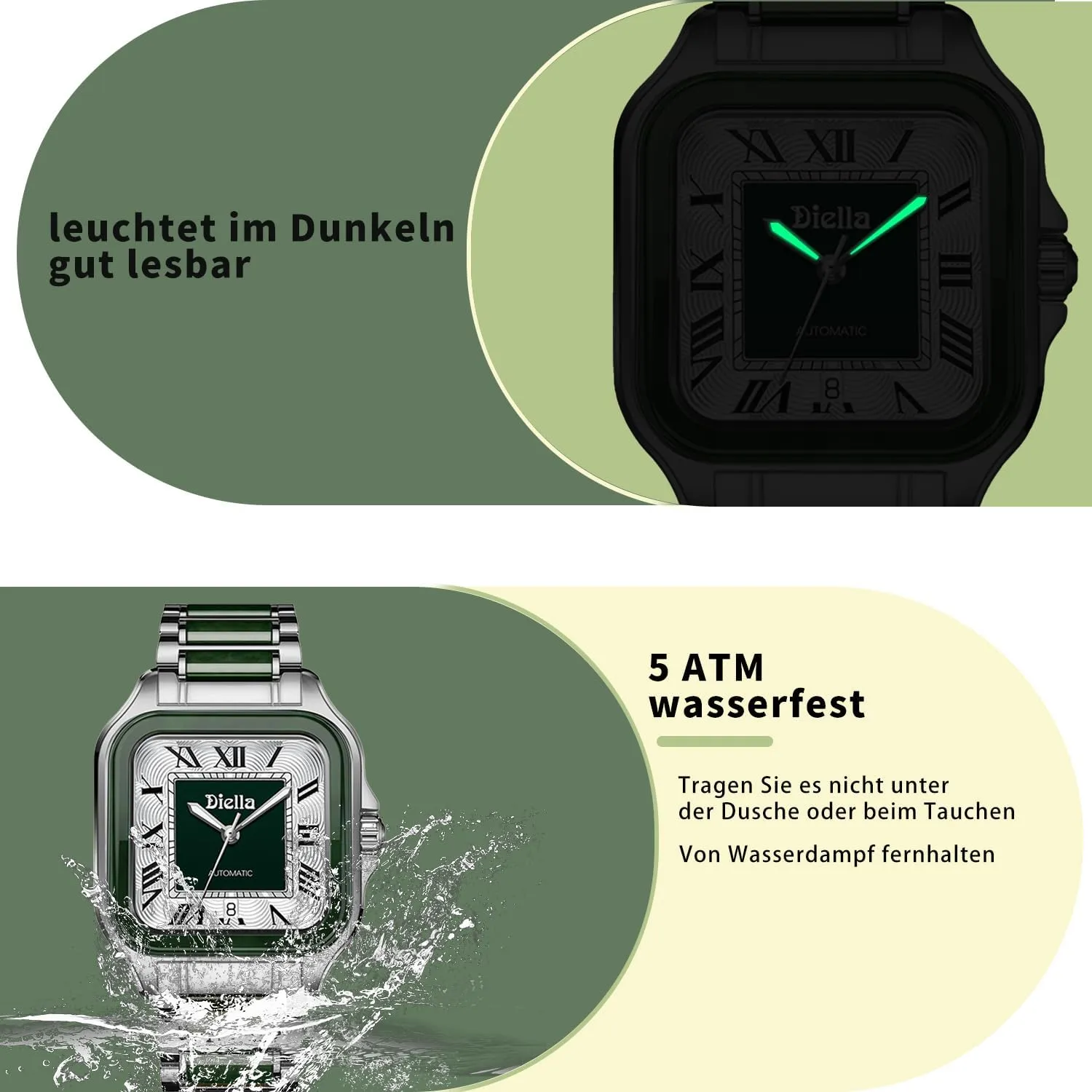 Wrist Watches for Men and Women with Jade Diella enroll daylight Rectangle Automatic 