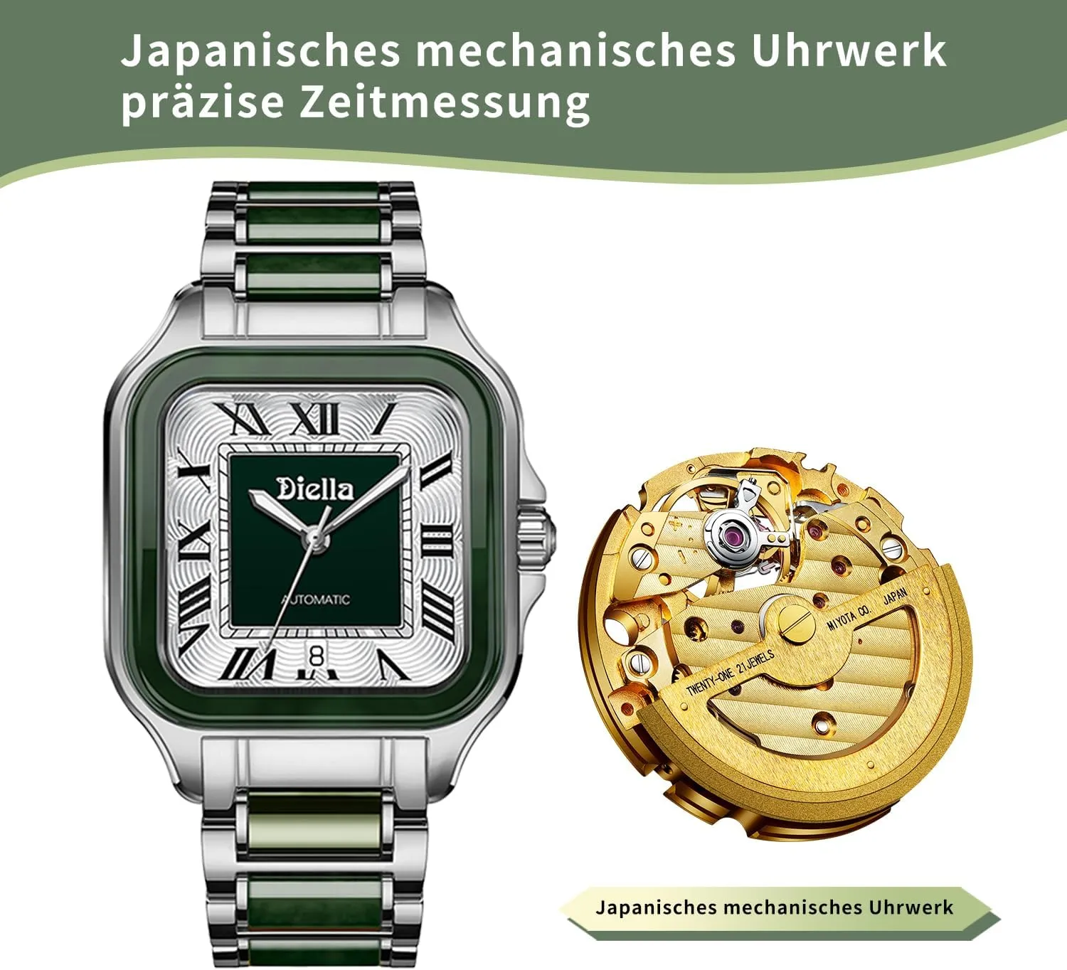 Wrist Watches for Men and Women with Jade Diella enroll daylight Rectangle Automatic 