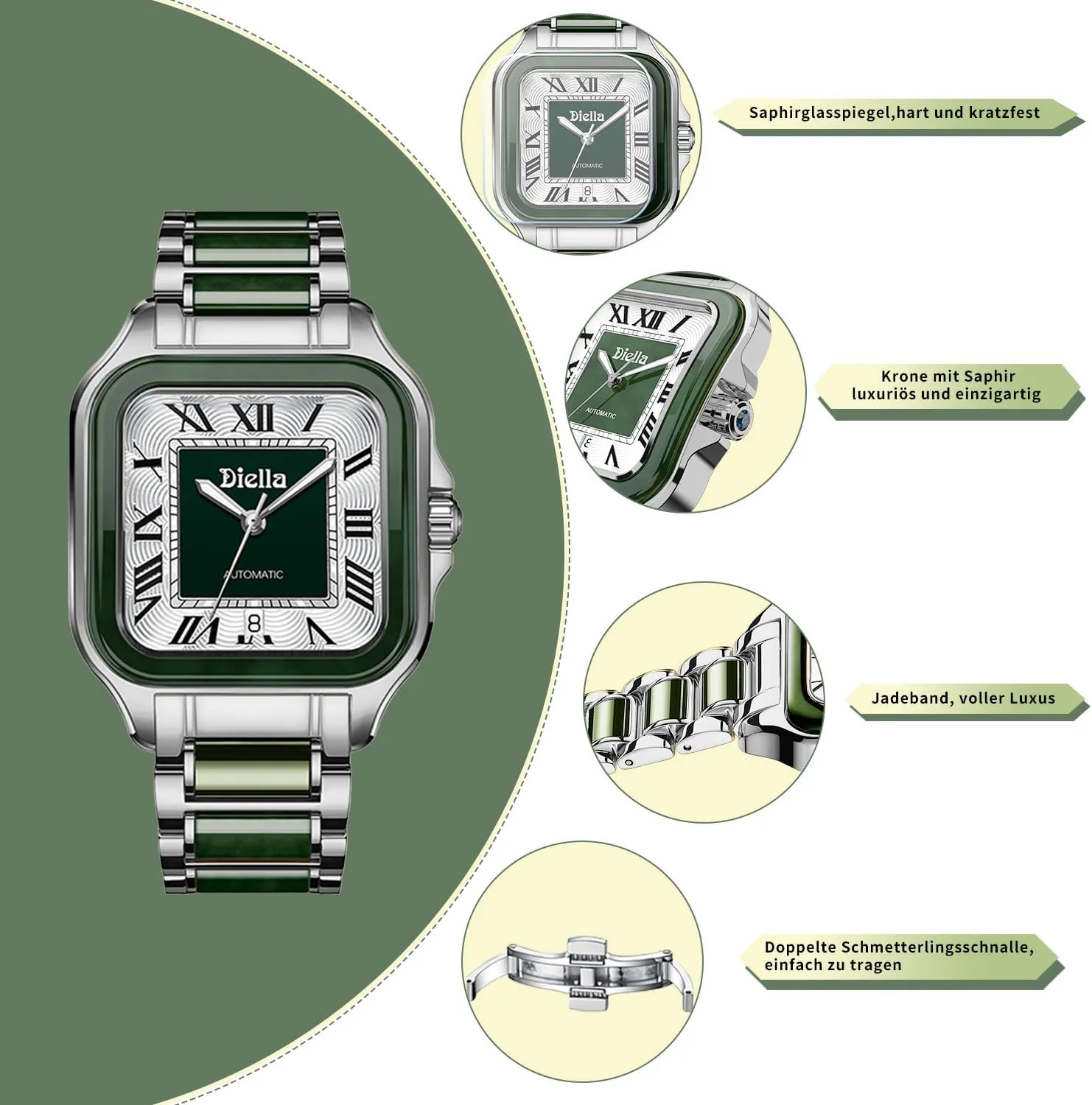 Wrist Watches for Men and Women with Jade Diella enroll daylight Rectangle Automatic 