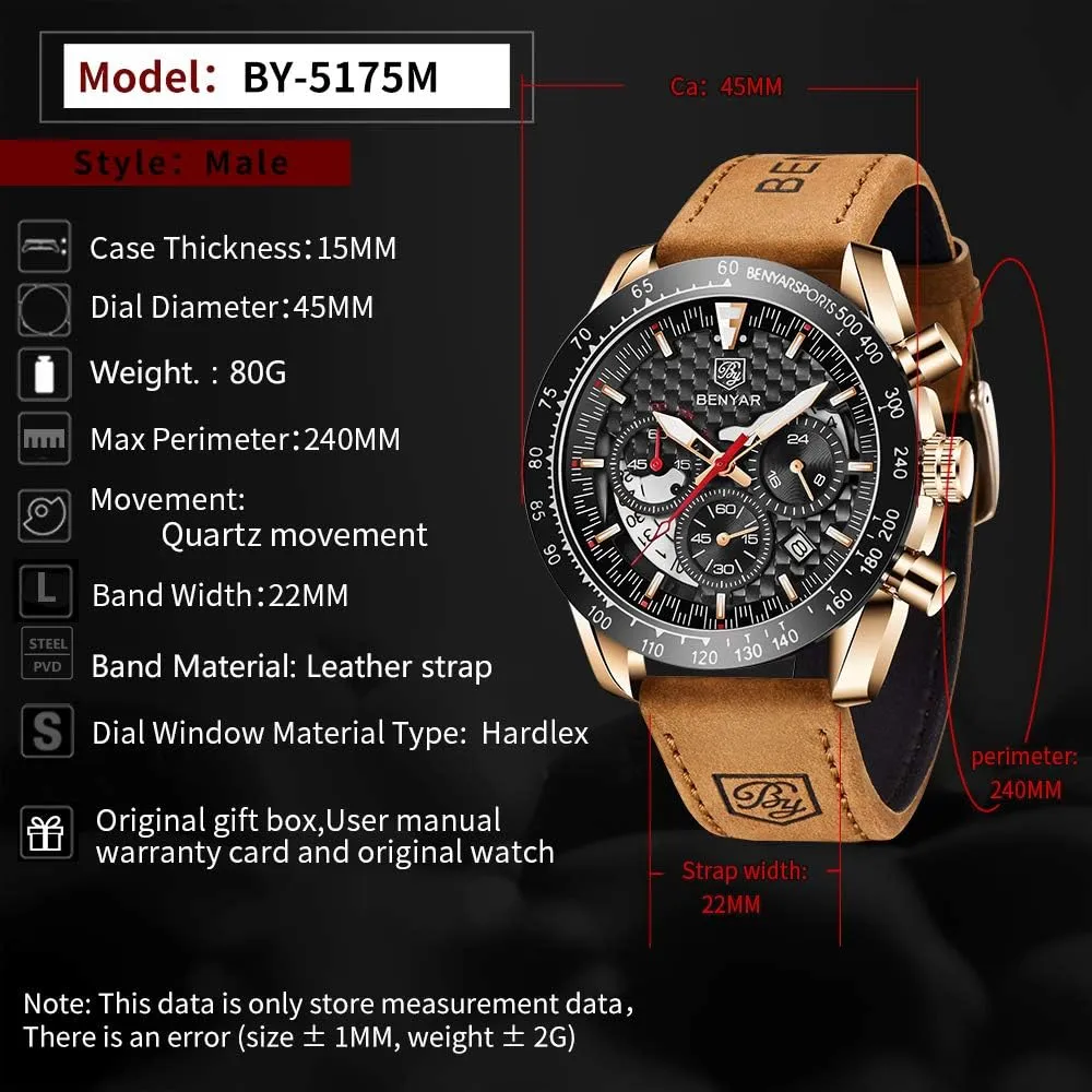 Wrist Watches for Men BY BENYAR Mens Watches Sports Stylish Analog impossible obituary Quartz Chronograph Watch Date Waterproof 3ATM Business Leather Strap 