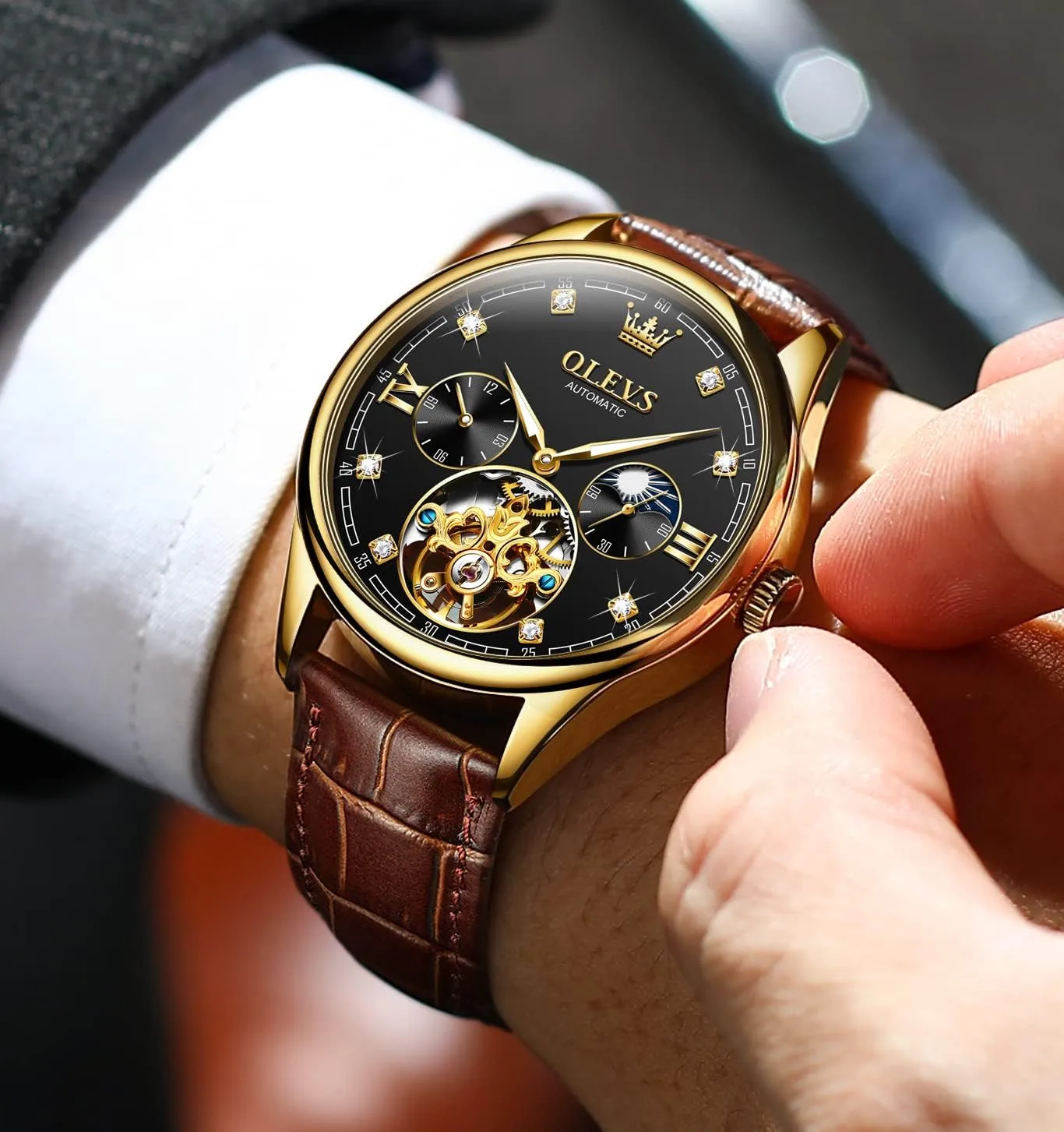 Wrist Watches Moon Phase Waterproof Luminous OLEVS Mens Leather Watches Automatic Mechanical Skeleton Tourbillon Diamond Luxury Self rapport Winding Dress 