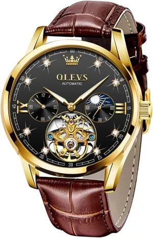 Wrist Watches Moon Phase Waterproof Luminous OLEVS Mens Leather Watches Automatic Mechanical Skeleton Tourbillon Diamond Luxury Self rapport Winding Dress 