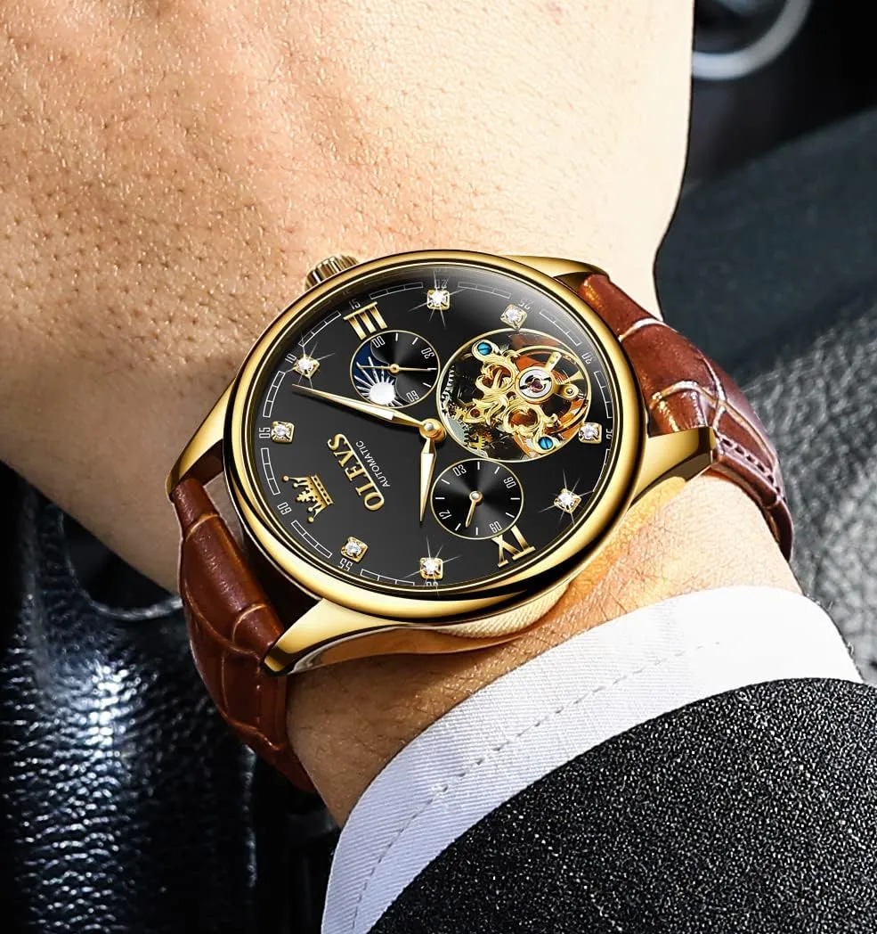 Wrist Watches Moon Phase Waterproof Luminous OLEVS Mens Leather Watches Automatic Mechanical Skeleton Tourbillon Diamond Luxury Self rapport Winding Dress 