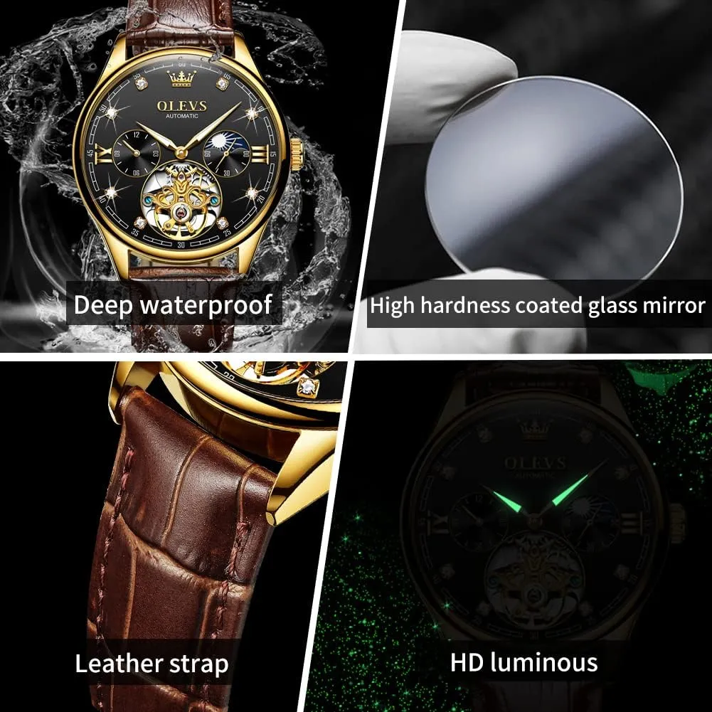 Wrist Watches Moon Phase Waterproof Luminous OLEVS Mens Leather Watches Automatic Mechanical Skeleton Tourbillon Diamond Luxury Self rapport Winding Dress 