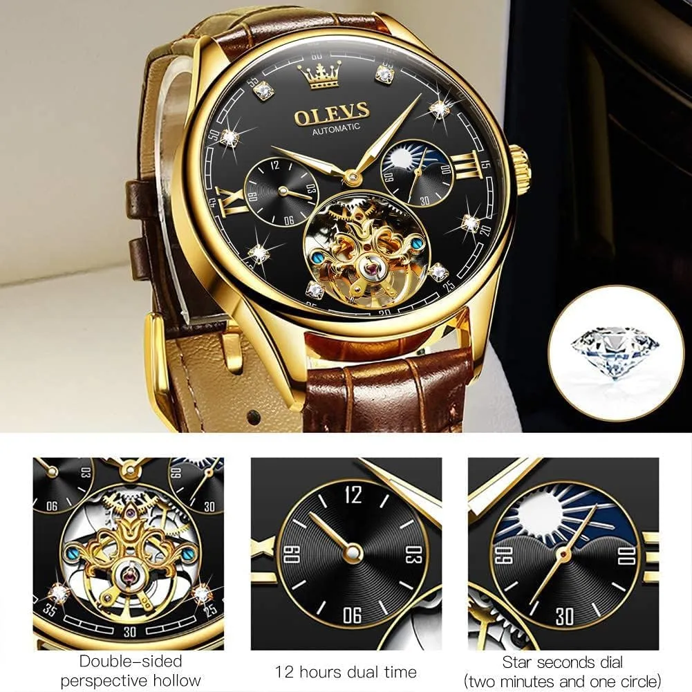 Wrist Watches Moon Phase Waterproof Luminous OLEVS Mens Leather Watches Automatic Mechanical Skeleton Tourbillon Diamond Luxury Self rapport Winding Dress 