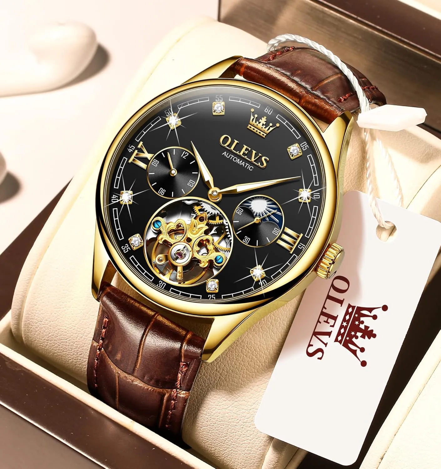 Wrist Watches Moon Phase Waterproof Luminous OLEVS Mens Leather Watches Automatic Mechanical Skeleton Tourbillon Diamond Luxury Self rapport Winding Dress 
