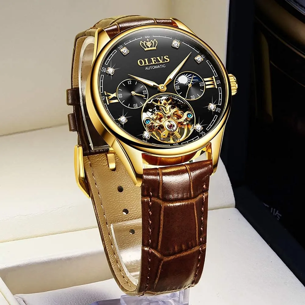 Wrist Watches Moon Phase Waterproof Luminous OLEVS Mens Leather Watches Automatic Mechanical Skeleton Tourbillon Diamond Luxury Self rapport Winding Dress 