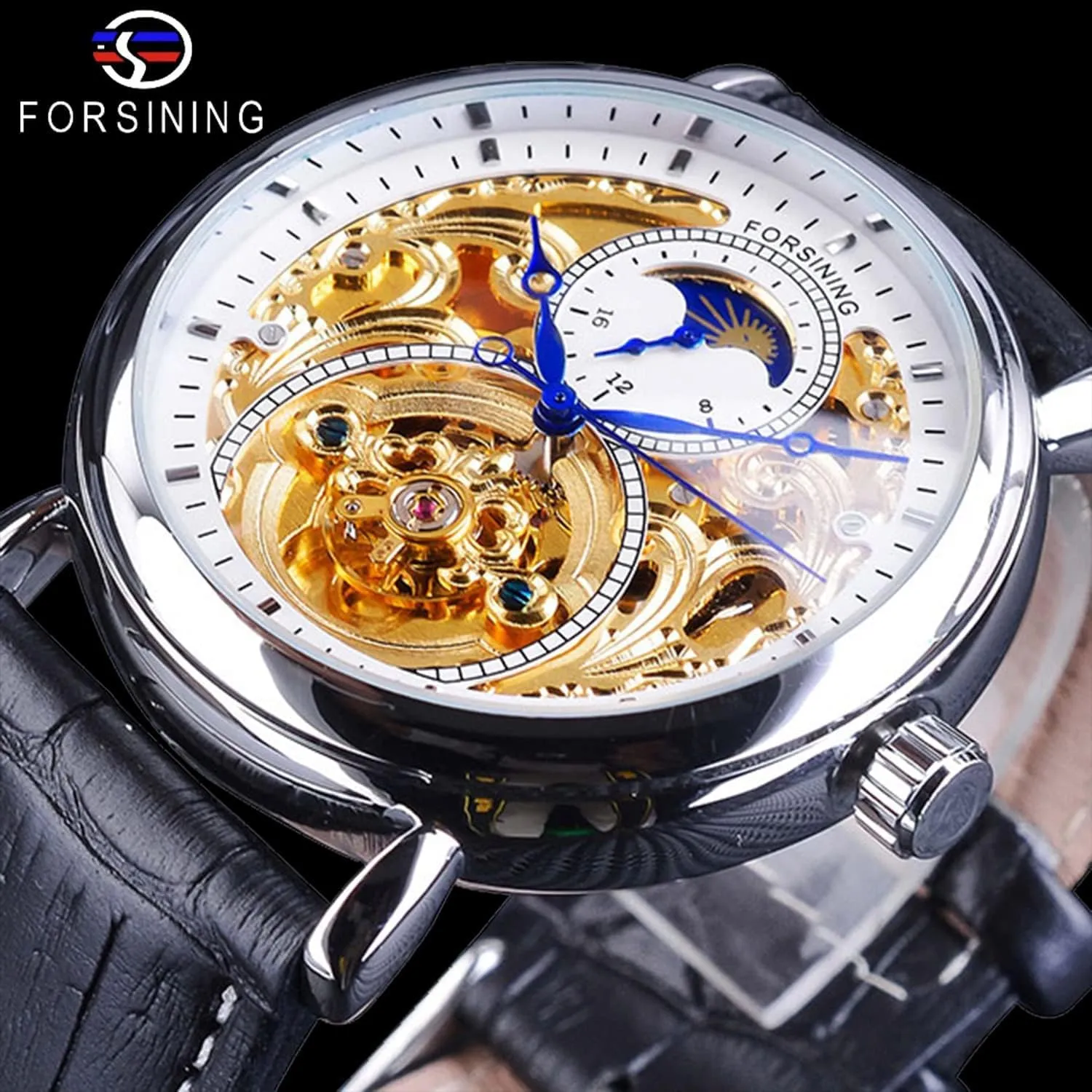 Wristwatch, Leather Belt Automatic Movement Men Watches FORSINING Luxury Men's angle Watch with Moon Phase & Tourbillon, Retro Skeleton Hollow Self-wind Mechanical 