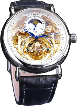 Wristwatch, Leather Belt Automatic Movement Men Watches FORSINING Luxury Men's angle Watch with Moon Phase & Tourbillon, Retro Skeleton Hollow Self-wind Mechanical 