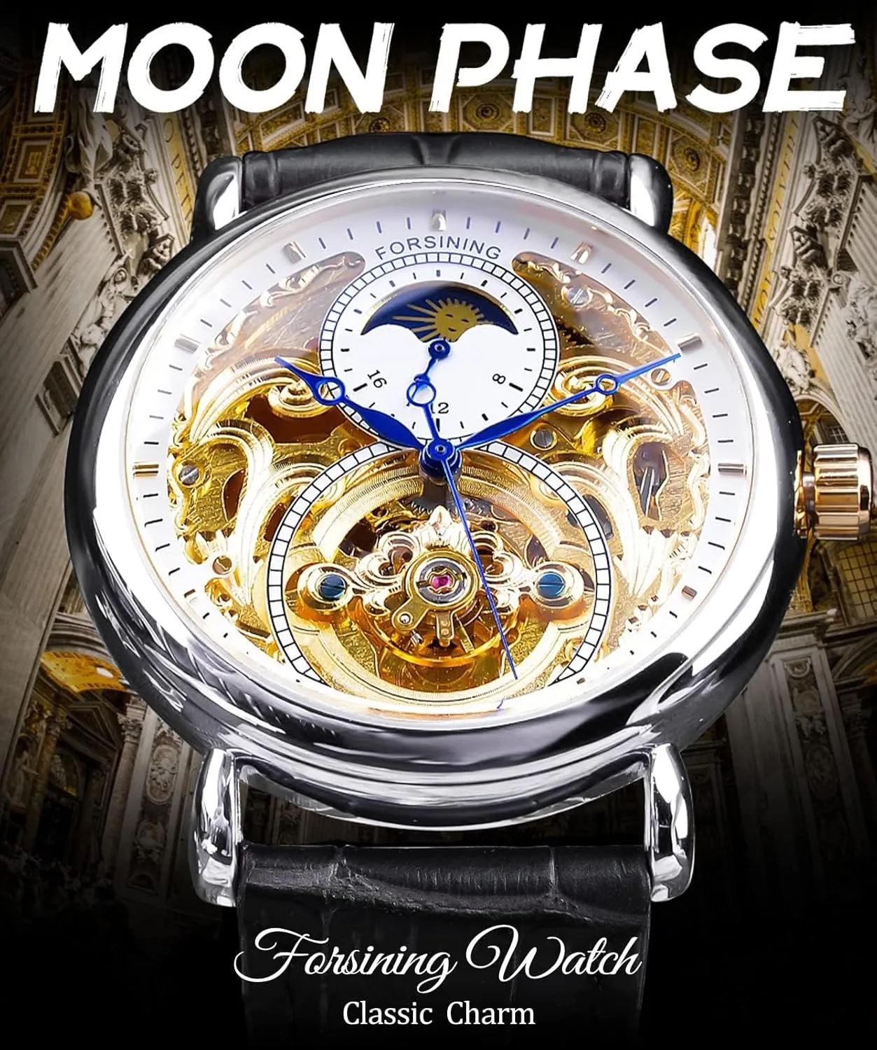 Wristwatch, Leather Belt Automatic Movement Men Watches FORSINING Luxury Men's angle Watch with Moon Phase & Tourbillon, Retro Skeleton Hollow Self-wind Mechanical 