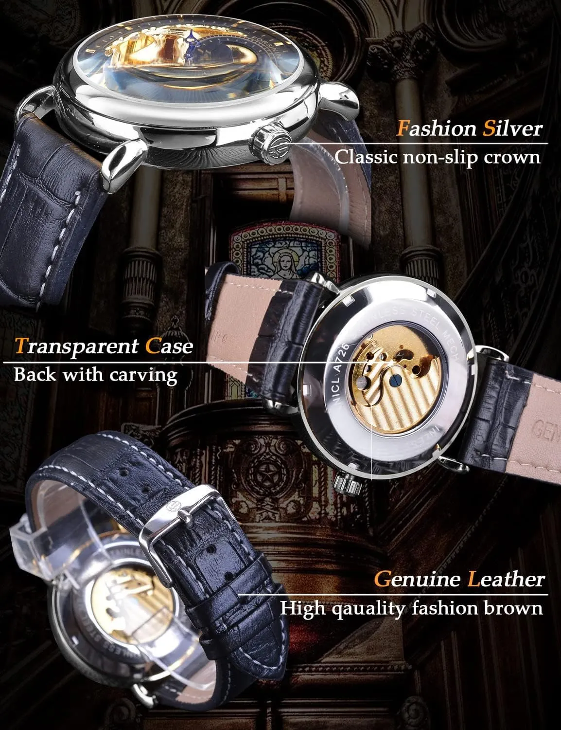 Wristwatch, Leather Belt Automatic Movement Men Watches FORSINING Luxury Men's angle Watch with Moon Phase & Tourbillon, Retro Skeleton Hollow Self-wind Mechanical 