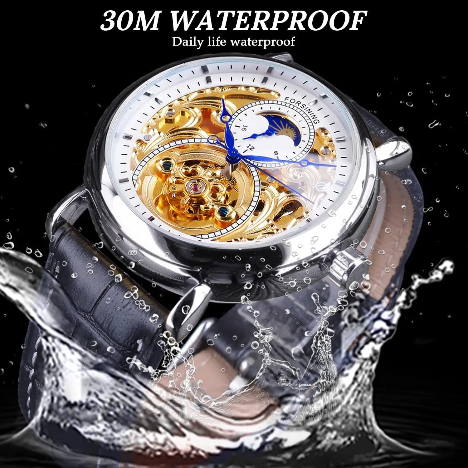 Wristwatch, Leather Belt Automatic Movement Men Watches FORSINING Luxury Men's angle Watch with Moon Phase & Tourbillon, Retro Skeleton Hollow Self-wind Mechanical 